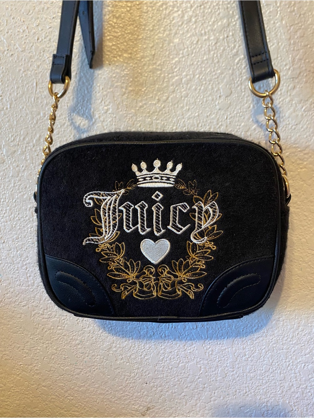 Juicy Couture Black Velvet Crossbody with Gold Crest and White Heart